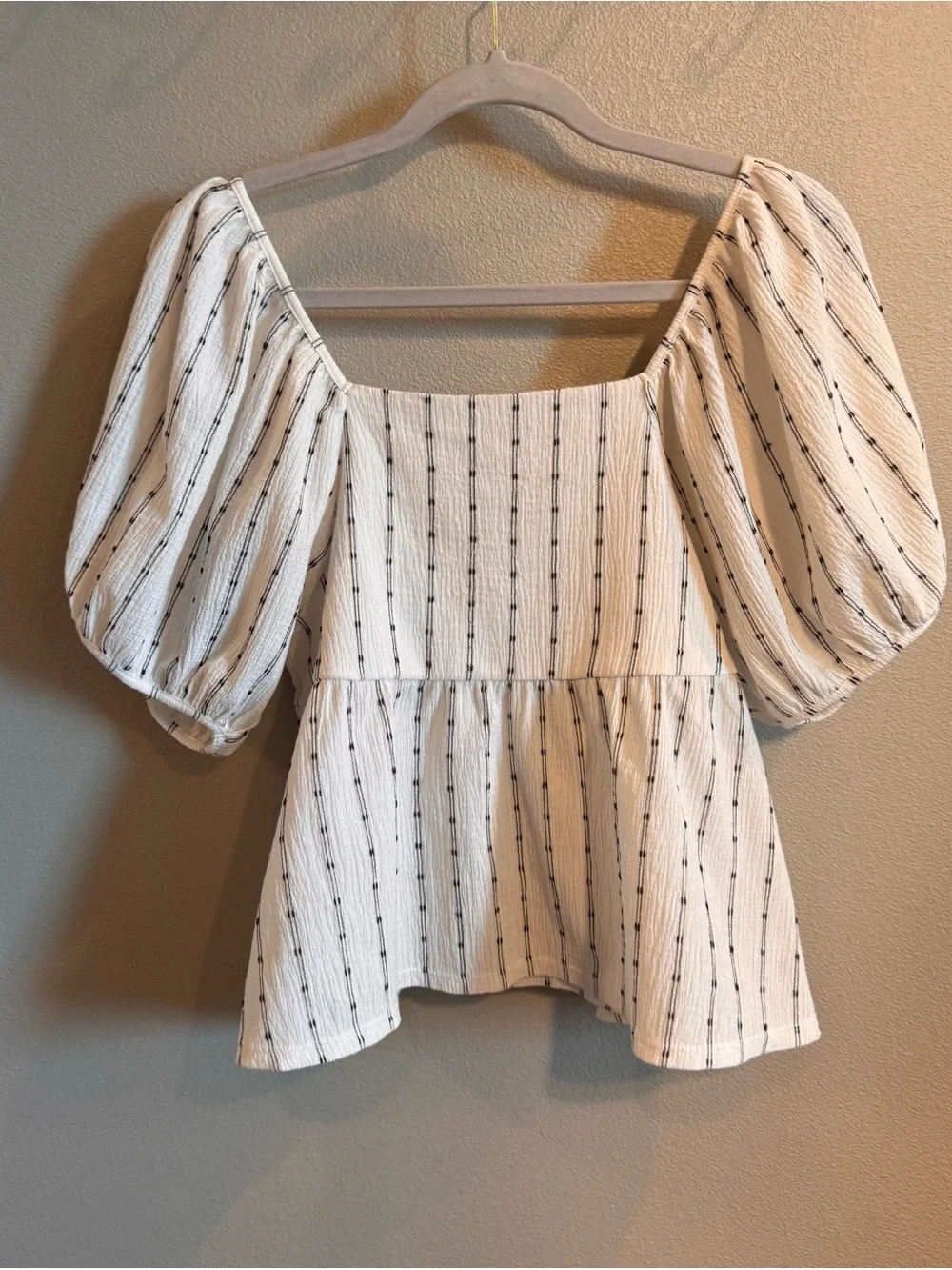 Madewell White Textured Puff-Sleeve Peplum Top with Black Pinstripes